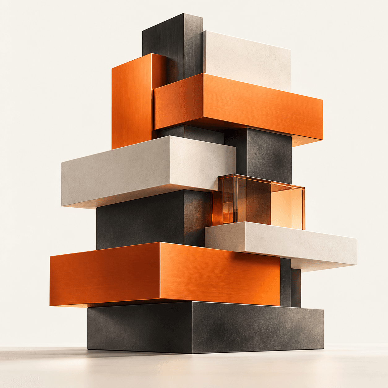 An architectural sculpture of interlocking orange, ivory and graphite layers