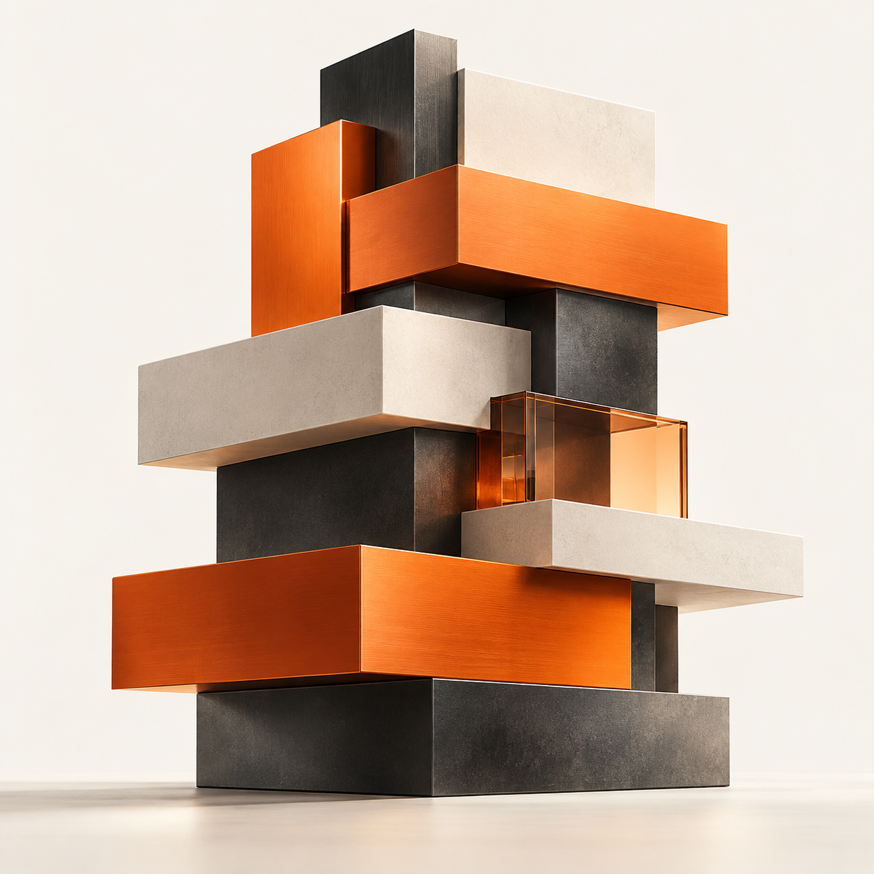 An architectural sculpture of interlocking orange, ivory and graphite layers